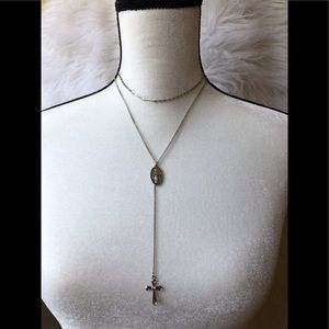 Silver 2 chained pendant & cross necklace.